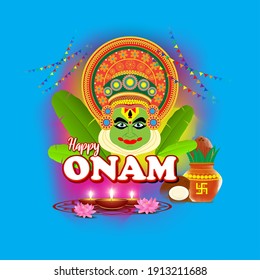 vector illustration of greeting for south Indian festival Onam with kathakali face.