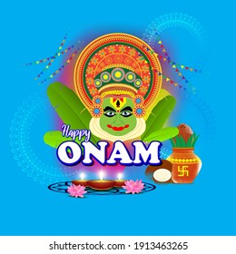 vector illustration of greeting for south Indian festival Onam with kathakali face.