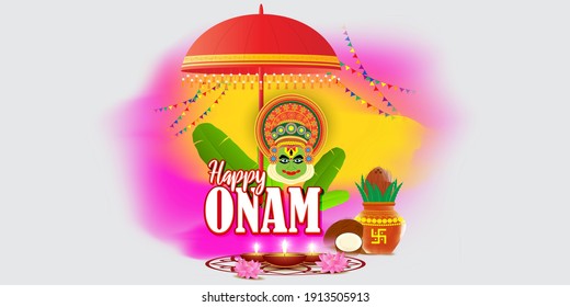 vector illustration of greeting for south Indian festival Onam with kathakali face.