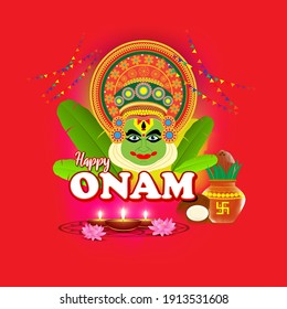 vector illustration of greeting for south Indian festival Onam with kathakali face.