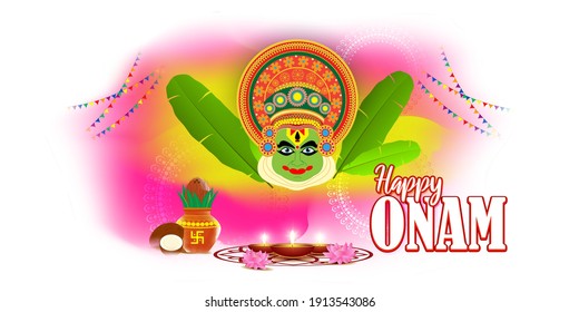 vector illustration of greeting for south Indian festival Onam with kathakali face.