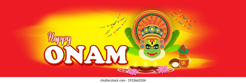 vector illustration of greeting for south Indian festival Onam with kathakali face.