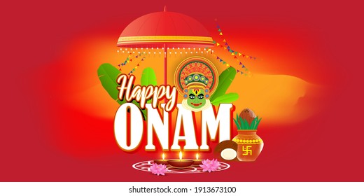 vector illustration of greeting for south Indian festival Onam with kathakali face.