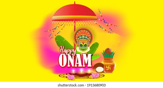 vector illustration of greeting for south Indian festival Onam with kathakali face.