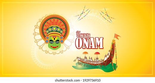 vector illustration of greeting for south Indian festival Onam with kathakali face.