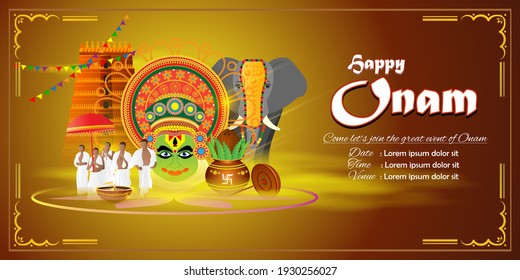 vector illustration of greeting for south Indian festival Onam with kathakali face.
