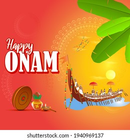 vector illustration of greeting for south Indian festival Onam with festive elements 