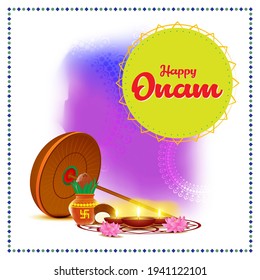 vector illustration of greeting for south Indian festival Onam with festive elements 