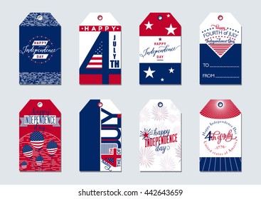 Vector illustration of greeting Usa Independence Day 4th july gift tags. Simple creative style felicitation label for american presents with star, flag, typography, balloon, sign. Print, web