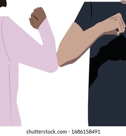 Ilustración vectorial de un saludo usando el codo del virus anti-corona, Guerra Corona Covid-19.