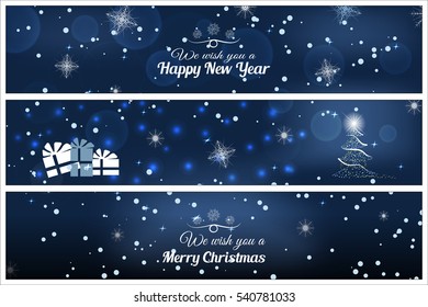 Vector illustration of greetings bookmarks for Merry Christmas and Happy New Year on the abstract dark blue background with christmas tree, snow, stars, snowflakes.