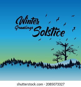 Vektorgrafik von Greetings Winter Solstice-Design, Silhouettenreihen aus Tannen und ohne Blätter in einer Schneewüste, ideal für Grußkarten, Decken und Banner