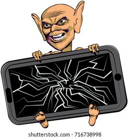 A vector illustration of a gremlin holding a broken  cell  phone.