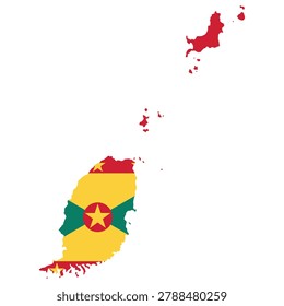 Vector illustration of Grenada in the shape of its island outline, filled with the Grenadian flag colors. Clean flat design featuring red border with green and yellow triangles and stars emblem. Minimal geographic silhouette suitable for education, travel, and infographic use. Isolated scalable composition for digital and print projects.