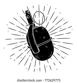 Vector illustration with a grenade and divergent rays on blackboard. Used for poster, banner, web, t-shirt print, bag print, badges, flyer, logo design and more. Cartoon grenade