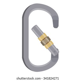 Vector illustration grey aluminum opened carabiner icon. Hiking equipment