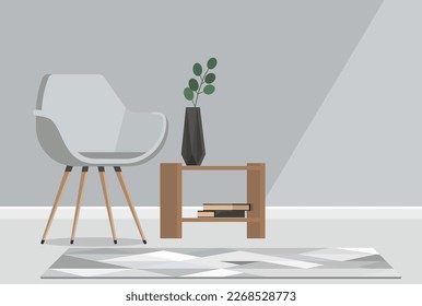 Vector illustration with grey armchair next to wooden table with flowers in flat interior on background the wall. 