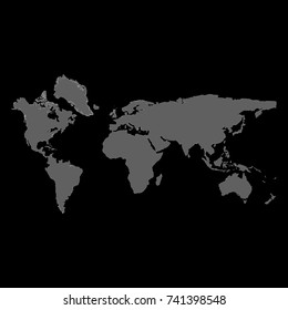 Vector illustration grey blank vector world map. Isolated on black background.