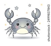 Vector illustration of grey blue cartoon crab. Cute and beautiful hand drawn crab. Sea animal vintage illustration. black lines