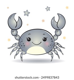 Vector illustration of grey blue cartoon crab. Cute and beautiful hand drawn crab. Sea animal vintage illustration. black lines