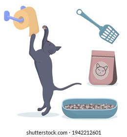 vector illustration of a grey British cat playing with toilet paper. Set with cat toilet and filler isolated on a white background