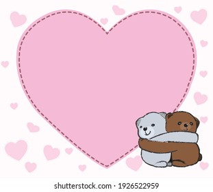 Vector Illustration of grey and brown teddy bears hugging with pink heart for copy space.