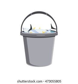 Vector illustration grey bucket full of fresh fish isolated on white background.