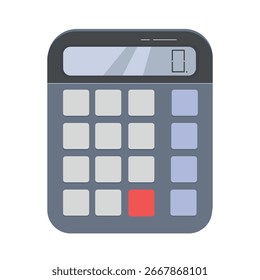 Ilustração vetorial de uma calculadora cinza com botão vermelho. Design plano mínimo para finanças, contabilidade, negócios e educação."