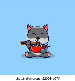 Vector Illustration Of A Grey Cat Cartoon Eating Noodle 