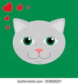 Vector illustration of grey cat with hearts