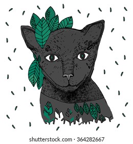 Vector illustration with grey cat and leaves.