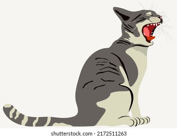 Vector illustration of grey cat with opened mouth on light background. 