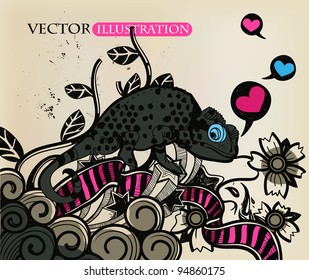 ilustración vectorial de un camaleón gris y plantas abstractas