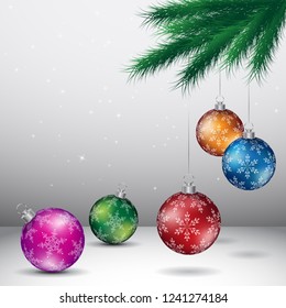 Vector Illustration of Grey Christmas Background with Glossy Colorful Balls