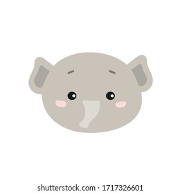 Vector Illustration of grey cute elephant's face. Isolated on white background. Wild tropical funny animal.