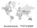 Vector illustration of a grey detailed World map with Mercatore Projection with all Country as separated shapes and in different shades of gray