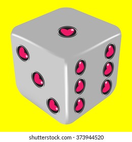 Vector illustration of grey dice with 1-3-6 hearts. Yellow background.