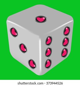 Vector illustration of grey dice with 1-3-6 hearts. Green background.