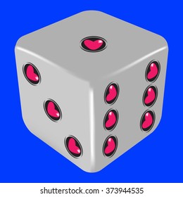 Vector illustration of grey dice with 1-3-6 hearts. Blue background.