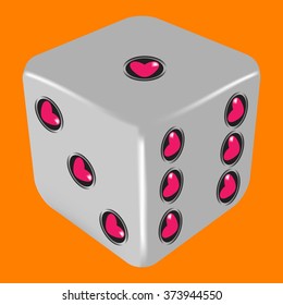 Vector illustration of grey dice with 1-3-6 hearts. Orange background.