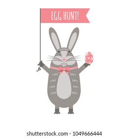 Vector illustration of grey easter bunny with pink bow isolated on white background. Design for happy easter card. Cute rabbit with egg.