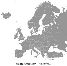 Vector illustration of a Grey Europe map with Dark european countries