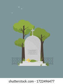 Vector illustration grey gravestone with cross on green grass. Flat tombstone icon