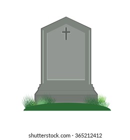 Vector illustration grey gravestone with cross on green grass. Flat tombstone icon