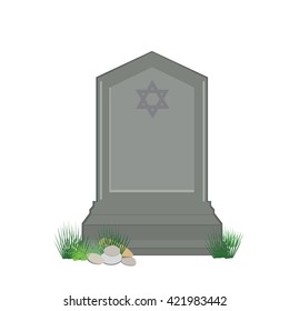 Vector illustration grey gravestone with David star isolated on white background. Flat tombstone icon. Jewish cemetery