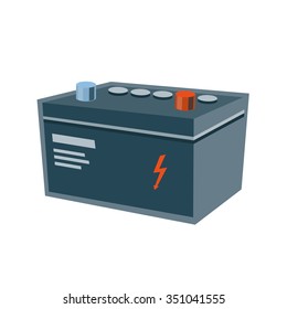 Vector illustration of grey isolated used electric battery for car with red high voltage flash sign in cartoon style.