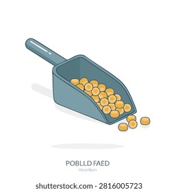A vector illustration of a grey kitchen or garden scoop containing a pile of small yellow round food grains or seeds on a white background