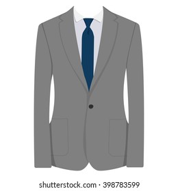 Vector illustration of grey man suit with blue tie and white shirt isolated on white background. Business suit, business, mens suit, man in suit