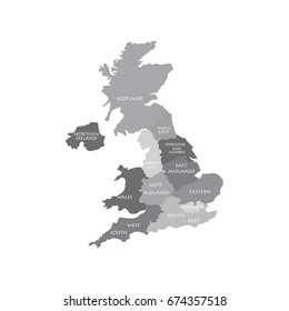 Vector illustration grey map silhouette with United Kingdom of Great Britain UK regions.