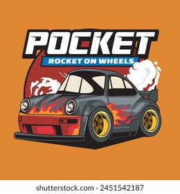 Ilustración vectorial de Mini coche gris con motivo de fuego con la ilustración de Antiguas disponible para los niños insignia